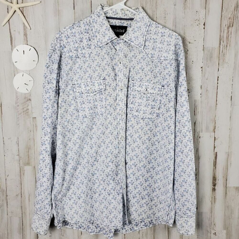 Detailed Button Down Shirt Blue White Size XL
